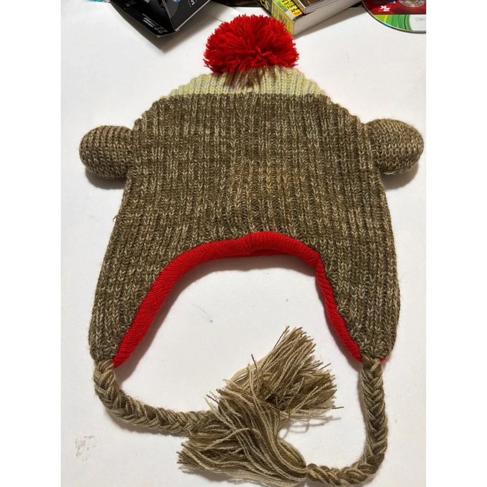 Sock Monkey Knit Beanie Hat Brown Marled Earflap Tassel Pom Pom Animal Kids Kids